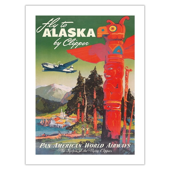 Fly to Alaska - by Clipper - Native Totem Pole - Vintage Airline Travel Poster by Mark Von Arenburg c.1947 - Bamboo Fine Art 290gsm Paper (Unframed) 12x16in