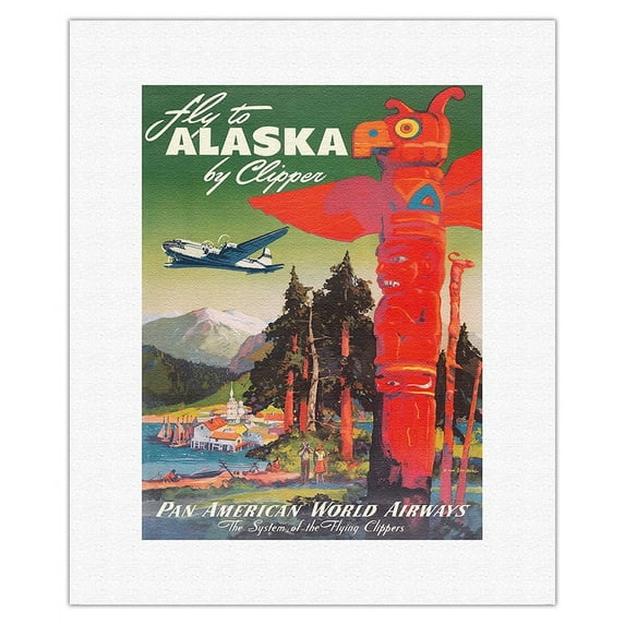 Fly to Alaska - by Clipper - Native Totem Pole - Vintage Airline Travel Poster by Mark Von Arenburg c.1947 - Fine Art Rolled Canvas Print 11in x 14in