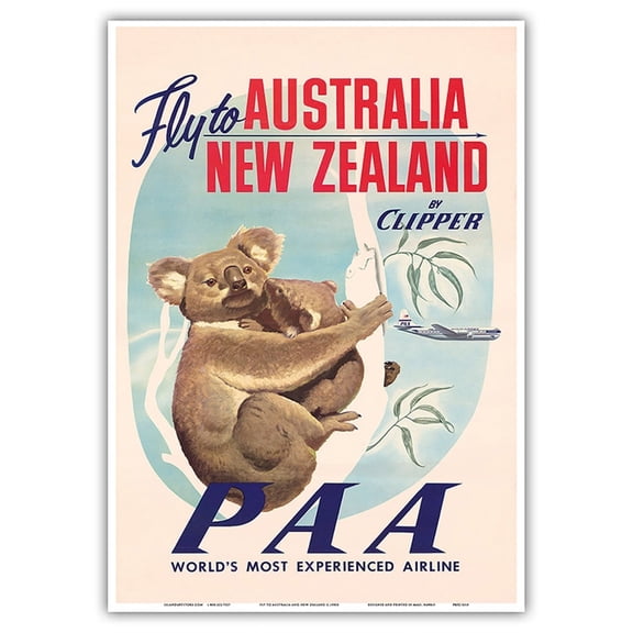 Fly to Australia New Zealand by Clipper - Koala Bears - Vintage Airline Travel Poster c.1950s - Master Art Print 10in x 14in