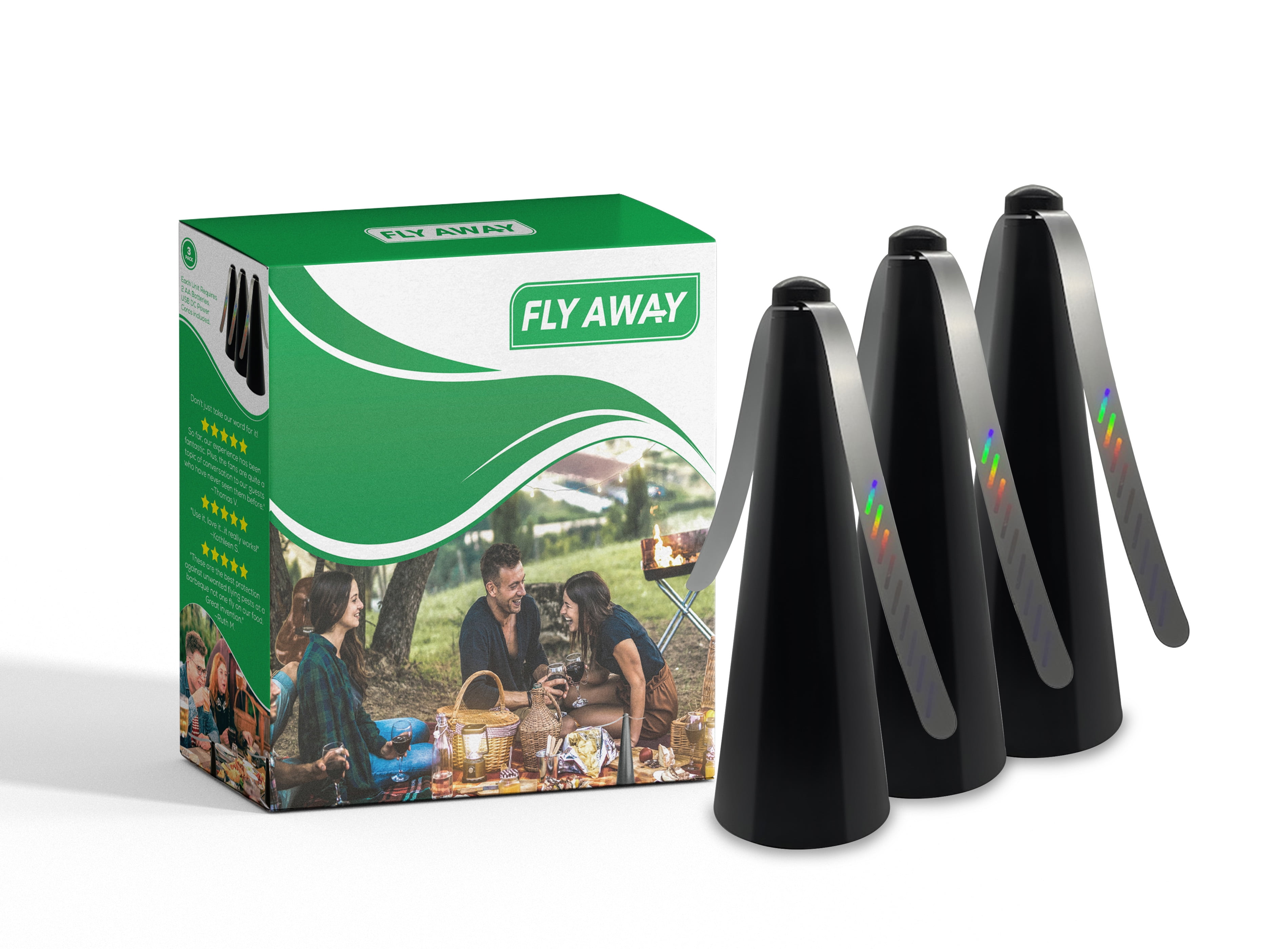 Fly Away 3-Pack Outdoor Fly Repellent Fan, Battery Operated, Deters Flies, Wasps, Bees