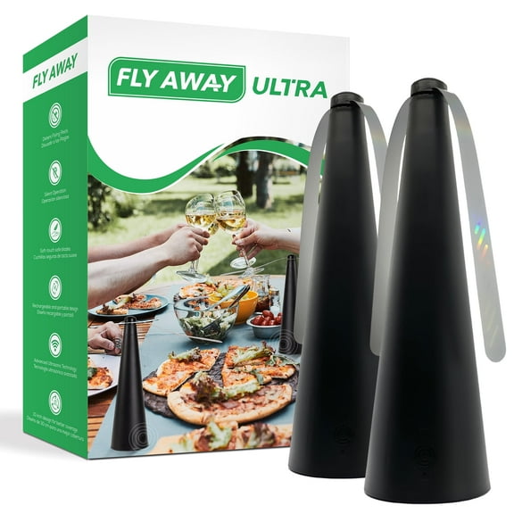 Fly Away Ultra - 2 Pack Rechargeable Outdoor Fly Fans for Tables with Ultrasonic Protection. Deter Flies and Other Flying Insects and Bugs From Meals