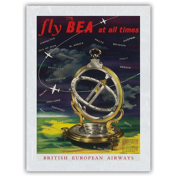 Fly BEA at All Times - Universal Ring Dial - British European Airways - Vintage Airline Travel Poster c.1965 - Japanese Unryu Rice Paper Art Print (Unframed) 12 x 16 in