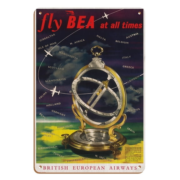 Fly BEA at All Times - Universal Ring Dial - British European Airways - Vintage Airline Travel Poster c.1965 - 8 x 12 inch Vintage Wood Art Sign