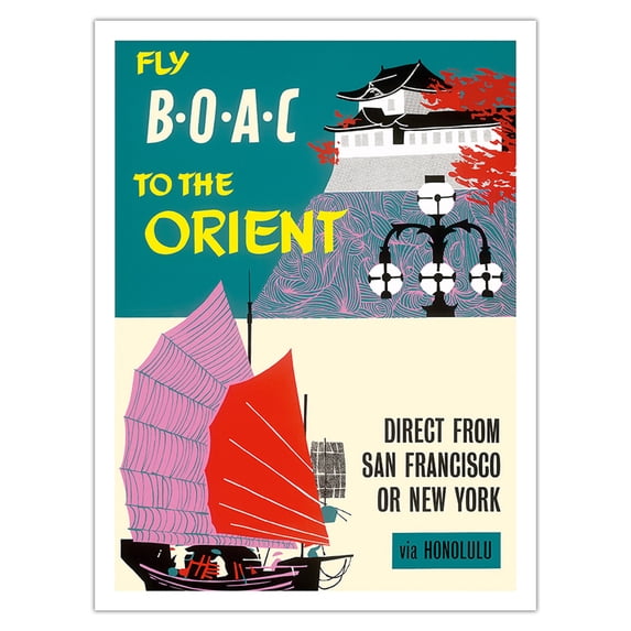 Fly BOAC to the Orient - Direct from San Francisco or New York via Honolulu - BOAC - Vintage Airline Travel Poster c.1960 - Bamboo Fine Art 290gsm Paper (Unframed) 12x16in
