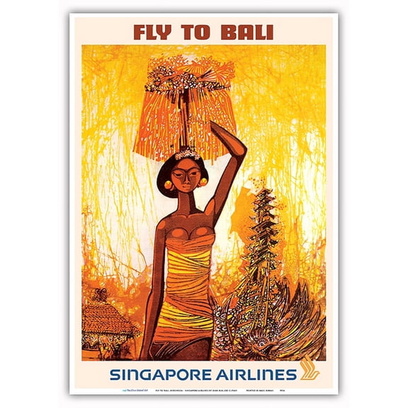 Fly to Bali Indonesia - Balinese Royal Cremation - Singapore Airlines - Vintage Airline Travel Poster by Seah Kim Joo c.1960s - Master Art Print 10in x 14in