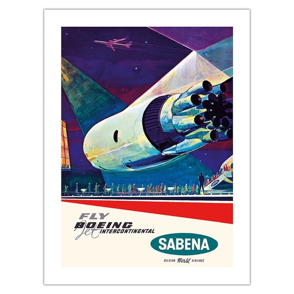 Fly Boeing Intercontinental - Sabena Belgian World Airlines - Boeing 707-329 - Vintage Airline Travel Poster by Gaston van den Eynde c.1960 - Bamboo Fine Art 290gsm Paper Print (Unframed) 18x24in