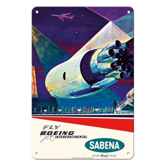 Fly Boeing Intercontinental - Sabena Belgian World Airlines - Boeing 707-329 - Vintage Airline Travel Poster by Gaston van den Eynde c.1960 - 8 x 12 inch Vintage Metal Tin Sign