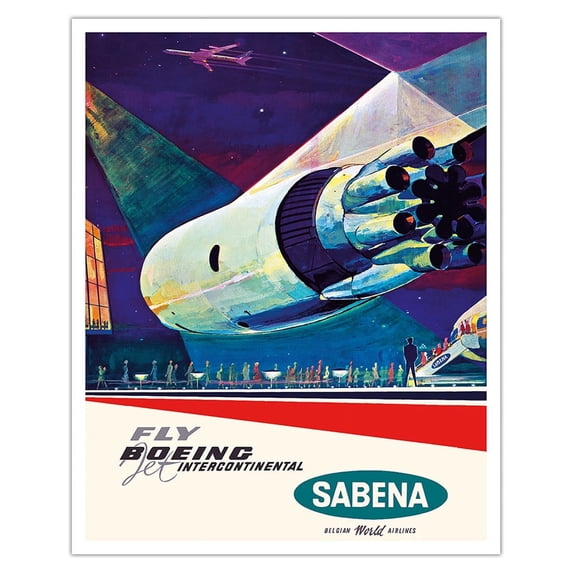 Fly Boeing Intercontinental - Sabena Belgian World Airlines - Boeing 707-329 - Vintage Airline Travel Poster by Gaston van den Eynde c.1960 - Fine Art Matte Paper Print (Unframed) 16x20in