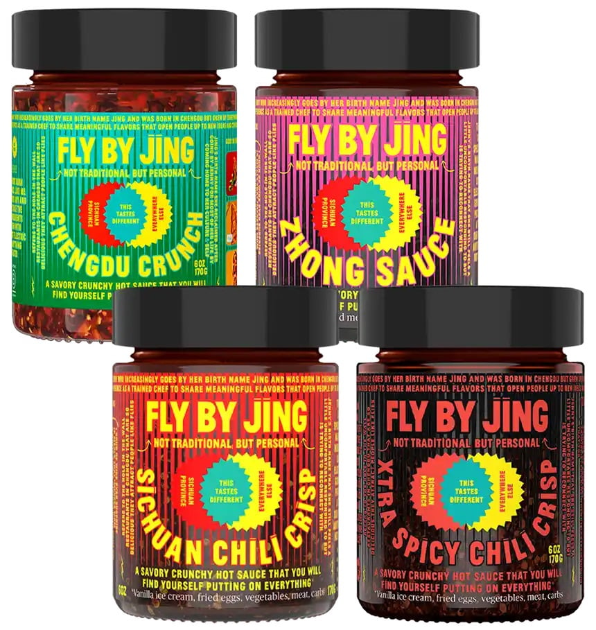 Fly By Jing Chili Crisp Sauce Mini Starter Set, Four 2 oz Glass Jars
