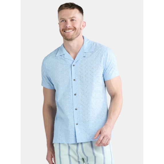 Fly By Night Men’s and Big Men’s Embroidered Cotton Eyelet Button Up Shirt with Short Sleeves, Sizes S-3XL