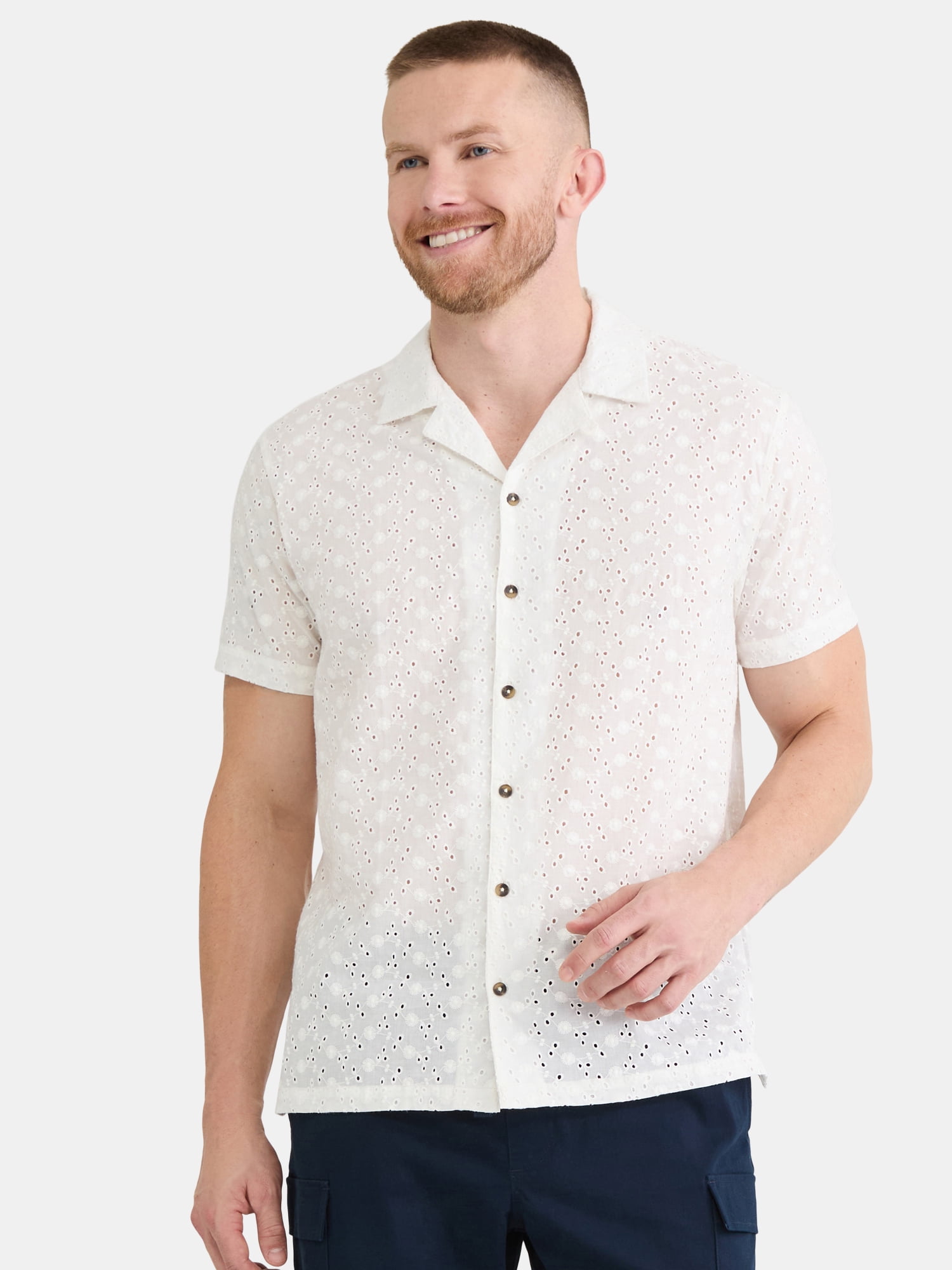 Fly By Night Men’s and Big Men’s Embroidered Cotton Eyelet Button Up Shirt with Short Sleeves, Sizes S-3XL