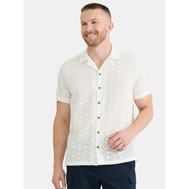 Fly By Night Men’s and Big Men’s Embroidered Cotton Eyelet Button Up Shirt with Short Sleeves, Sizes S-3XL