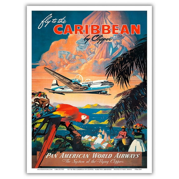 Fly to the Caribbean by Clipper - Vintage Airline Travel Poster by Mark Von Arenburg c.1940s - Master Art Print (Unframed) 9in x 12in