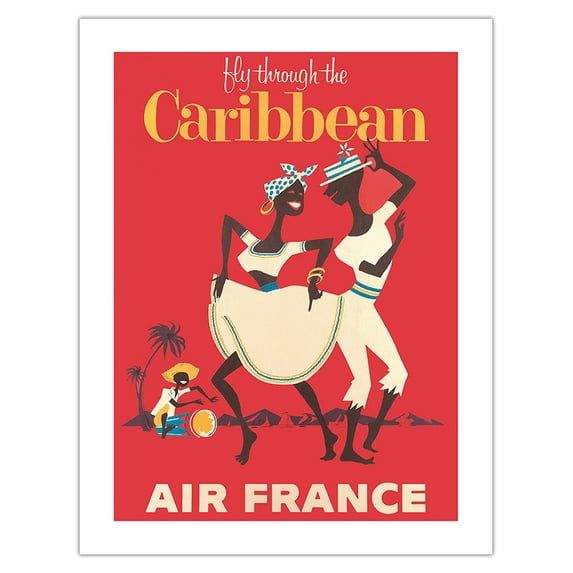 Fly through the Caribbean - France - Calypso Dancers and Conga Drummer - Vintage Airline Travel Poster c.1958 - Bamboo Fine Art 290gsm Paper (Unframed) 17x22in