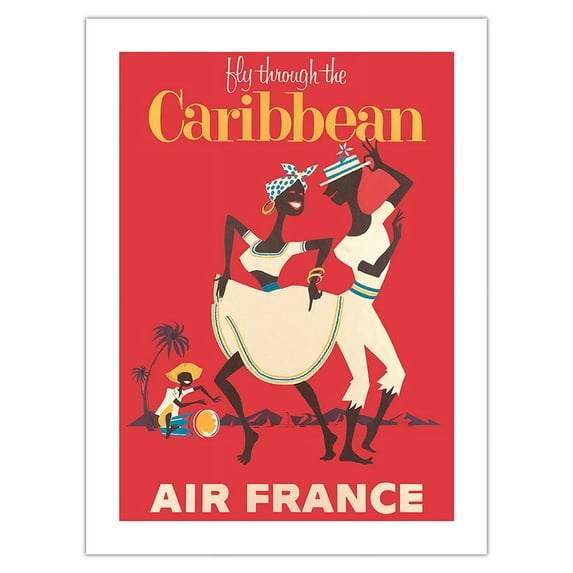 Fly through the Caribbean - France - Calypso Dancers and Conga Drummer - Vintage Airline Travel Poster c.1958 - Fine Art Matte Paper Print (Unframed) 18x24in