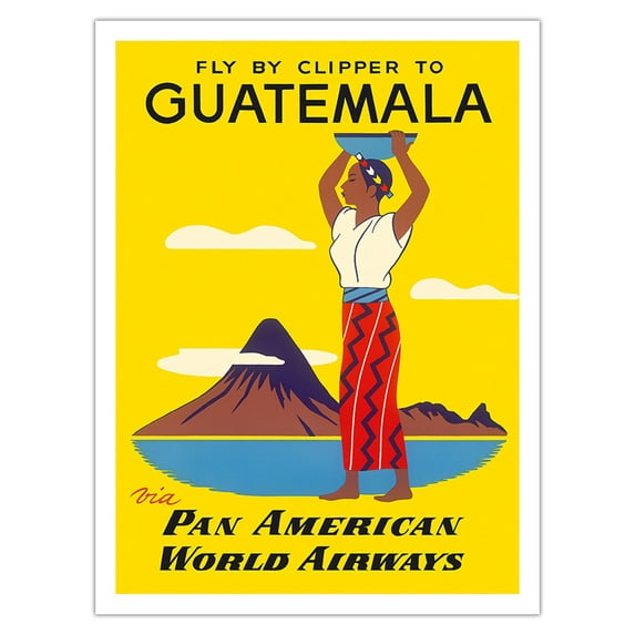 Fly by Clipper to Guatemala - Native Indian Woman Pacaya Volcano - via - Vintage Airline Travel Poster c.1950s - Fine Art Matte Paper Print (Unframed) 24x32in
