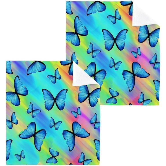 Fly Colorful Butterfly Washcloth 12x12in Set, 2 Pack Absorbent Cotton Towel Square Kitchen Dishes Towels, Soft Cleaning Face Hand Towel Fast Drying Wash cloth
