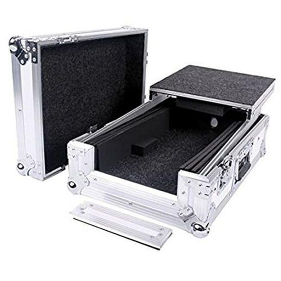 Fly Drive DJ Coffin Case for Two Turntables In Standard Style Position Plus Holds One DJM-S9 Mixer with Laptop Shelf with Low Profile Wheels In White