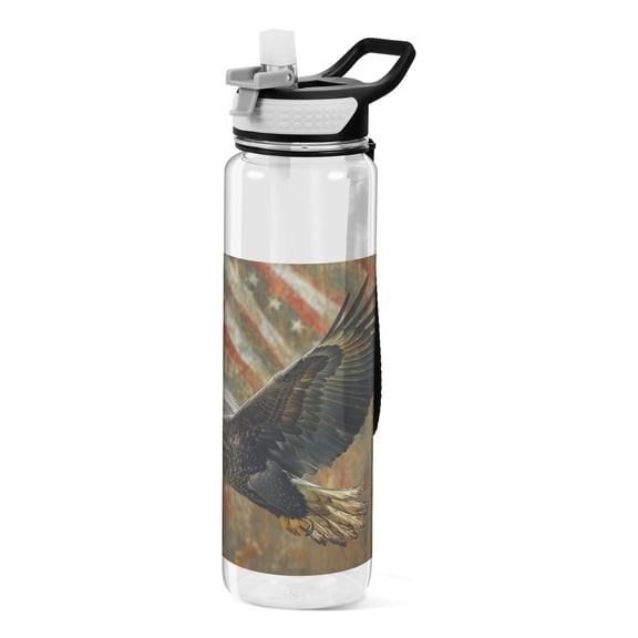 Fly Eagle American Flags Sports Water Bottle Portable Travel Mug 32oz BPA Free Leak Proof Straw Transparent Tritan for Gym Yoga Cycling Camping