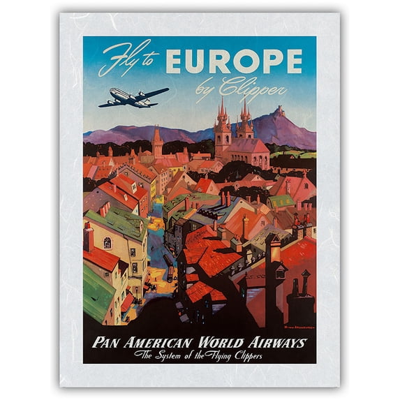 Fly to Europe by Clipper-Boeing 377 Stratocruiser-Pan American World Airways-Vintage Airline Travel Poster by Mark Von Arenburg c.1940s-Japanese Unryu Rice Paper Art Print (Unframed) 12 x 16 in