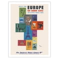 thumbnail image 1 of Fly to Europe - New Rainbow Service - Pan American World Airway - Stamps of European Countries - Vintage Airline Travel Poster by Jean Carlu c.1952 - Fine Art Matte Paper Print (Unframed) 20x26in, 1 of 4