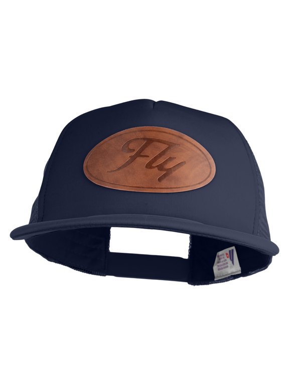 Fly Faux Leather Patched Flat Bill Trucker Snapback Cap - Navy OSFM
