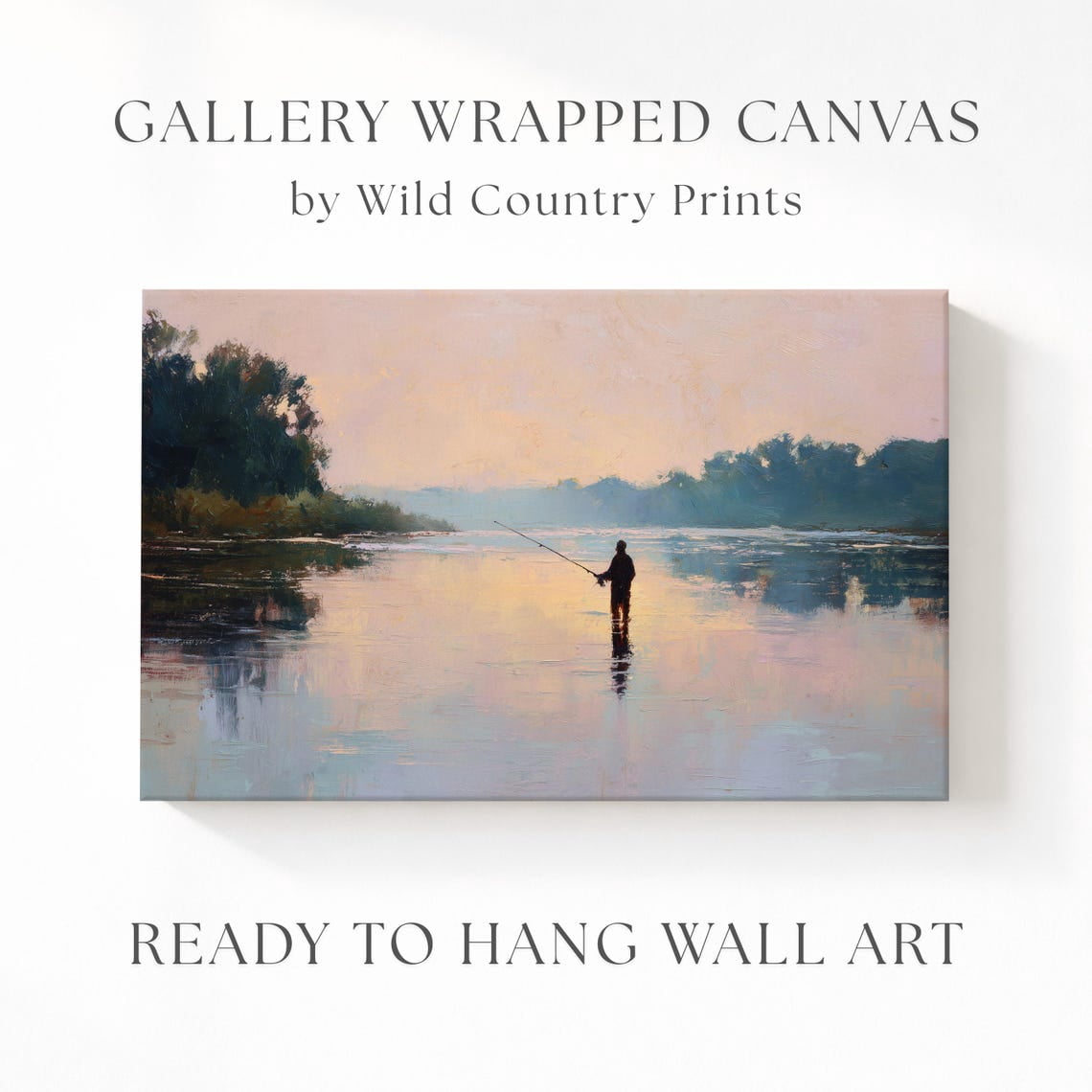 Fly Decor Fly Fisherman Dusk Still River Angler Silhouette Serene Sky Reflection ...