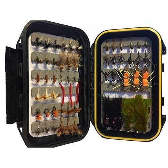 Fly Fishing 60 Most Popular Flies in Mini-Mega Assortment with Small Fly Box incl. Dry, Caddis, Nymph, Wooly Bugger for Trout, Panfish, Crappie, Sunfish