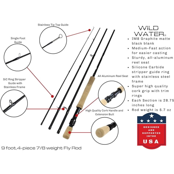 Fly Fishing 9 Foot, 4-piece, 7/8 Weight Fly Rod Complete Fly Fishing Rod and Reel Combo Starter Package