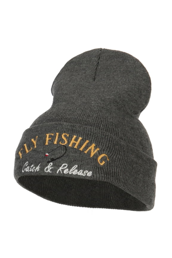Fly Fishing Catch and Release Embroidered Long Beanie - Dk Grey OSFM