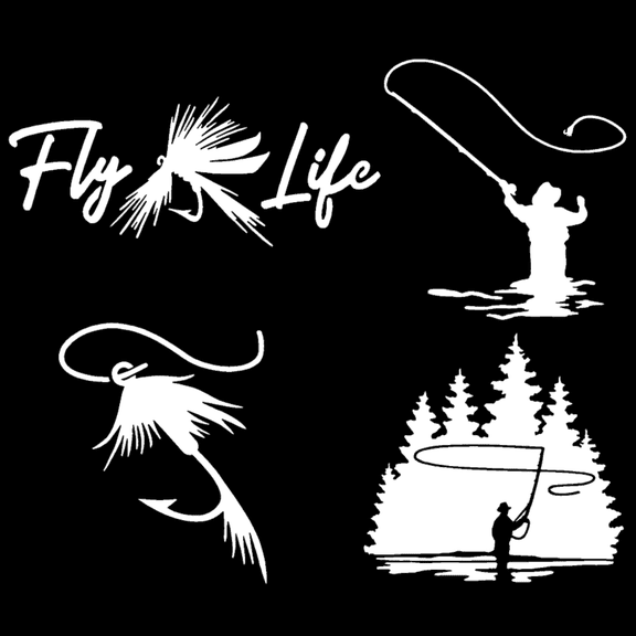 Fly Fishing Decal 4 Pack: Fly Life, Angler silhouette, Fly Fisherman, Detailed Fly