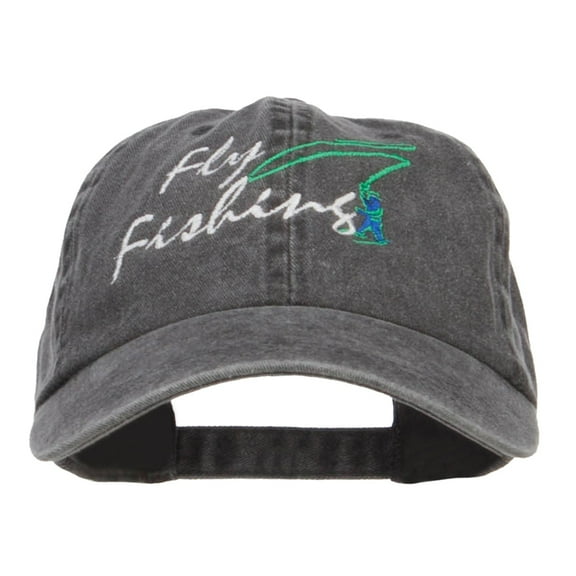 Fly Fishing Embroidered Washed Cap - Black OSFM