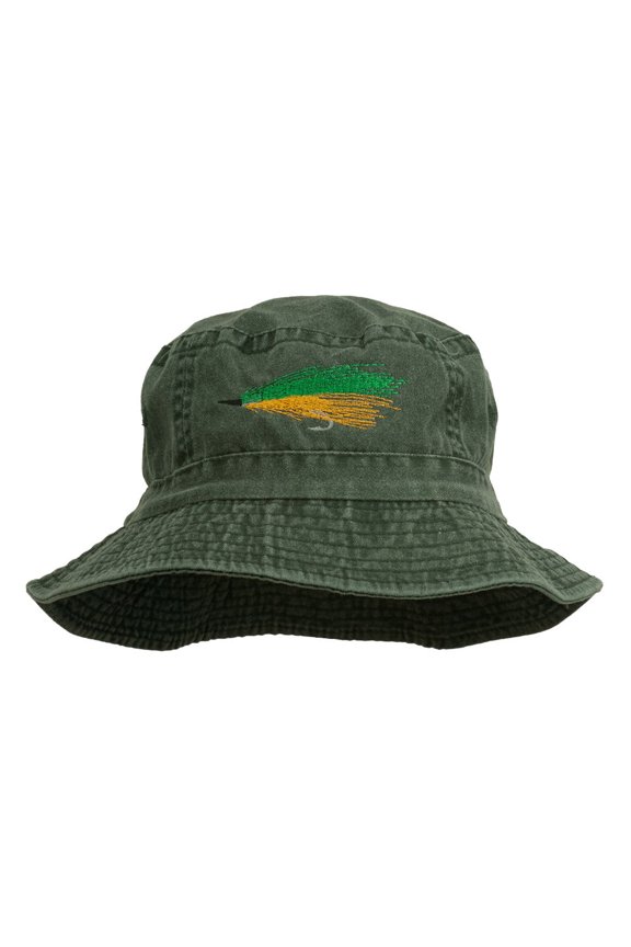 Fly Fishing Embroidered Washed Cotton Bucket Hat - Green OSFM