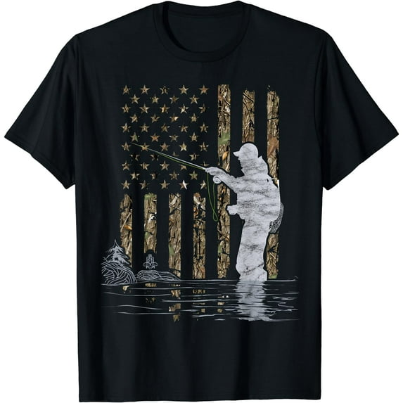 Fly Fishing Fisherman American Flag Camouflage Fly Tying T-Shirt Black Large