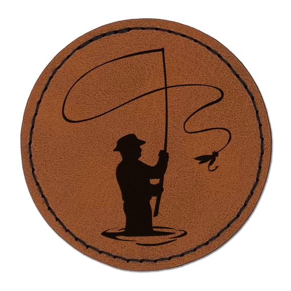 Fly Fishing Fisherman Casting Line Angler 2.5" Faux Leather Round Engraved Iron-On Patch - Brown