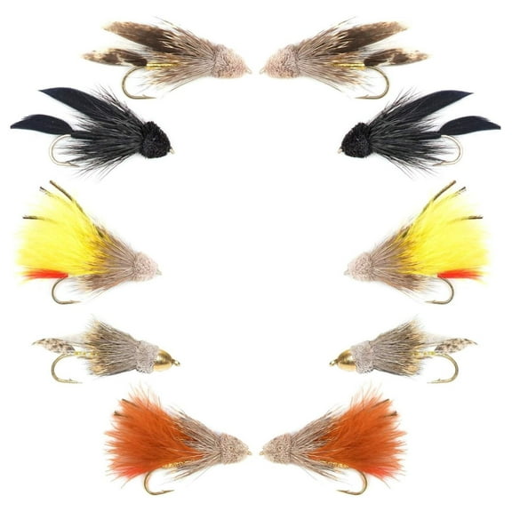 Fly Fishing Flies Assortment - 10 Wet Flies - Muddler Minnow Streamer Collection - Sizes 4 & 6 - Trout, Steelhead, Bass Yellow,Brown