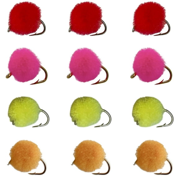 Fly Fishing Flies Trout Eggs Assortment - 12 Flies in Size 12 in Yellow, Pink, Orange, and Red