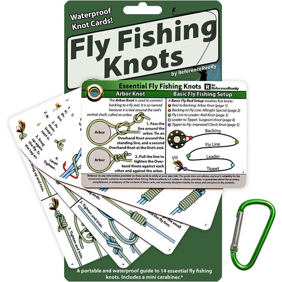 Fly Fishing Knot Cards: Waterproof Pocket Guide to 14 Essential Fly Fishing Knots with Mini Carabiner Makes Practical and Unique Gift for Fishermen and Women