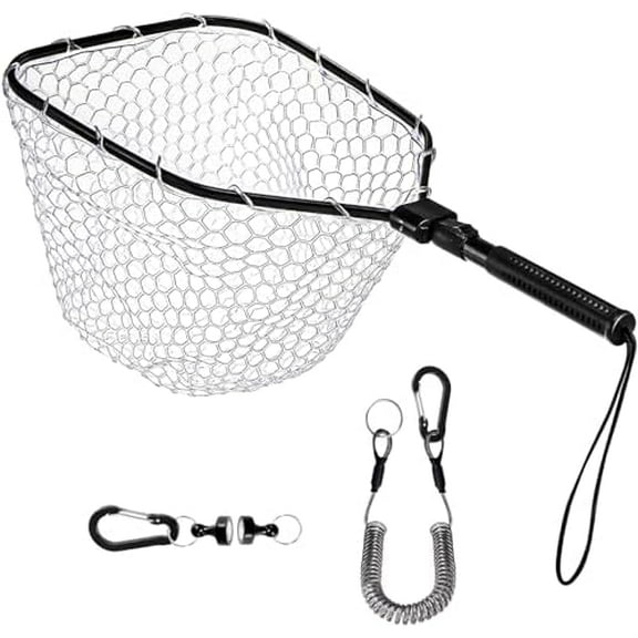 Fly Fishing Landing Net, Soft Rubber Mesh Bass Trout Net with Collapsible Handle and Magnetic Release, Folding Catch and Release Net for Freshwater, Fly Fishing Gear Accessories