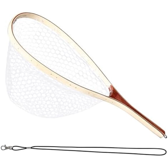 Fly Fishing Landing Net Trout Fishing Net, Soft Rubber Catch and Release Fish Net with Wooden Handle Frame for Catch and Release, Lightweight Fish Net for Trout Bass, Fly Fishing Gear