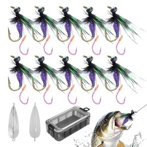 Fly Fishing Lures Set with Double Hooks, 10 Pack Carbon Steel Swimbaits with Tackle Box for Bass Trout