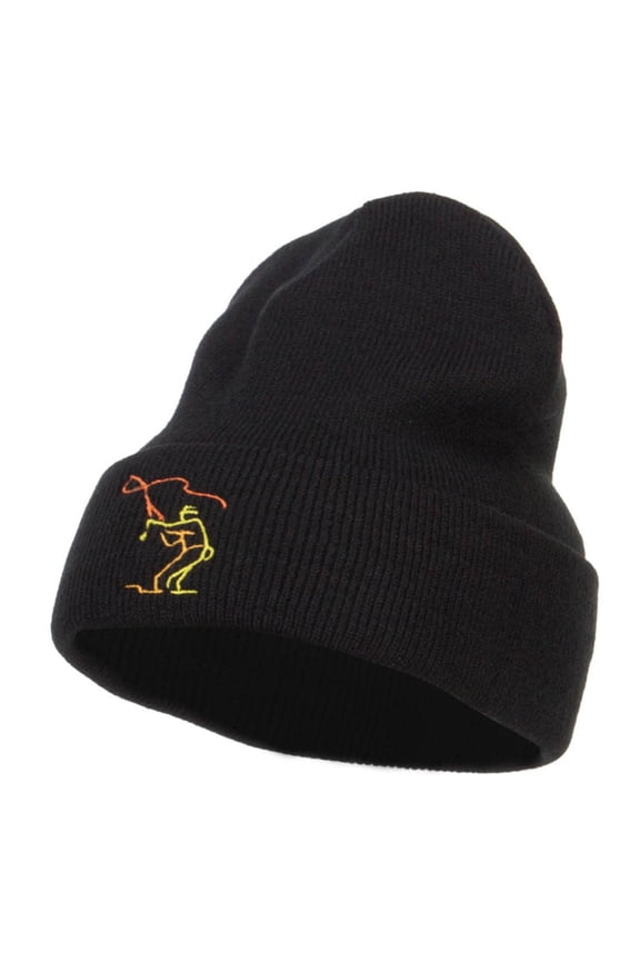 Fly Fishing Man Embroidered Long Beanie - Black OSFM