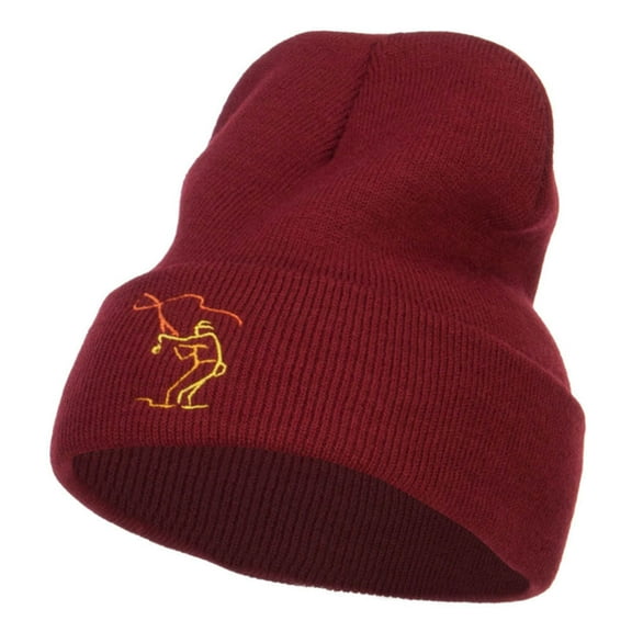 Fly Fishing Man Embroidered Long Beanie - Maroon OSFM
