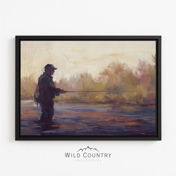 Fly Fishing Man Painting Western Mountain River Landscape Angler Poster