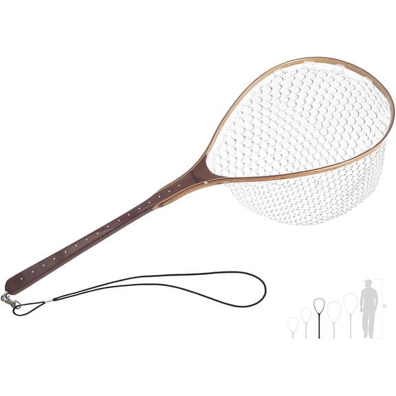 Fly Fishing Net Landing Net Wooden Net Soft Rubber Mesh Trout Net Freshwater Saltwater Fishing Net with Safety Cord Net Gifts for Father Men