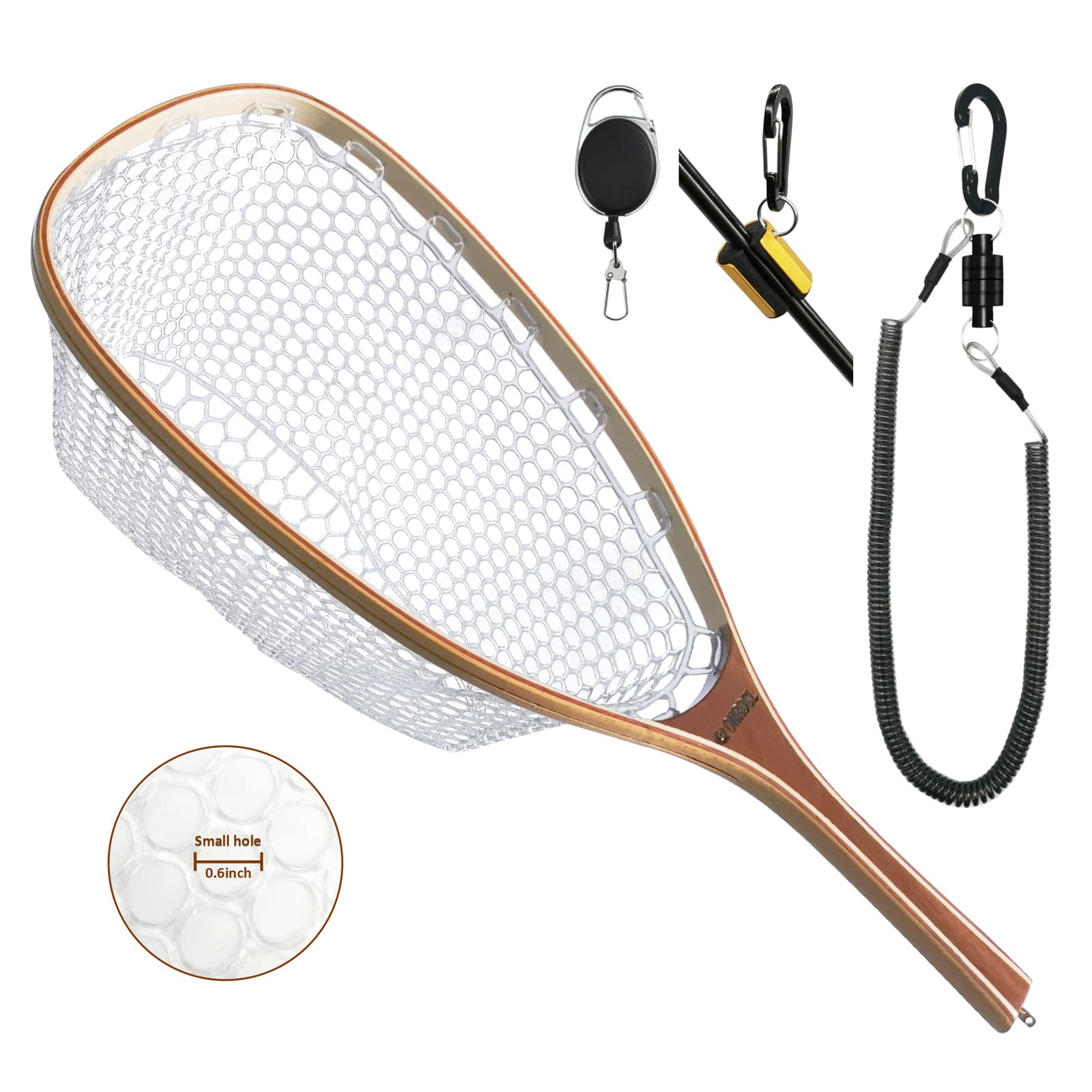 Fly Fishing Net Trout With Magnetic Release And Rod Holder Wooden Frame Landing Soft Rubber Mesh For Catch (clear Small Holes)