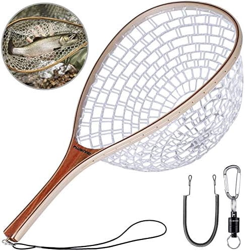 Fly Fishing Net, Wooden Frame Fishing Landing Net with Magnetic Release, Soft Rubber Mesh Net for Trout Bass Catch and Release, Magnetic Fly Fishing Gear