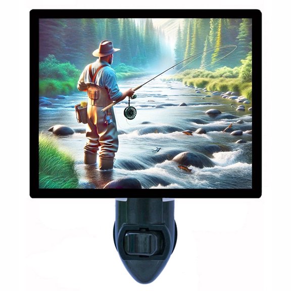 Fly Fishing Night Light Tranquil River Stream with Fisherman Casting Line, Evergreen Forest Landscape, Rustic Outdoor Cabin Dcor Includes Free Switchable Insert