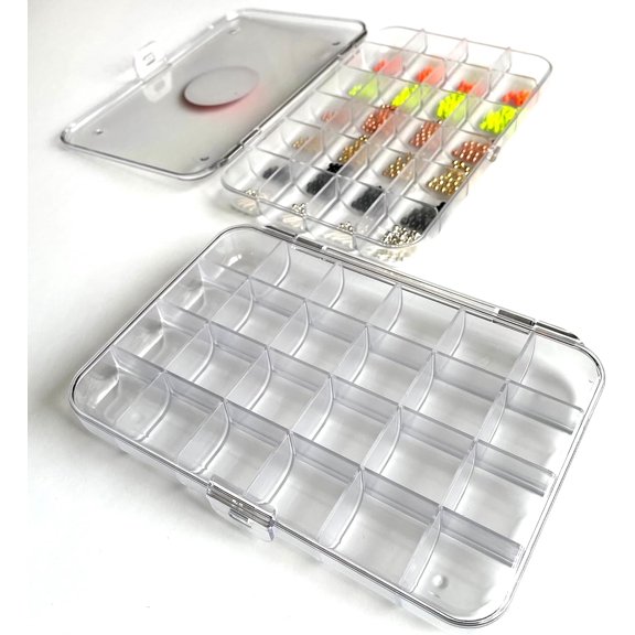 Fly Fishing Pro Box 24, 24-Slot Fly Tying Hook and Bead Organizer, Strong Clear Plastic Storage Container for Crafts and Small Parts, Rounded Bottom Corners, Secure Closure Clasp Craft Storage.