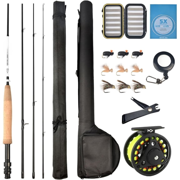 Fly Fishing Rod and Reel Combo Starter Kit, Graphite Fly Rod with Cork Handle, Die Cast Aluminum Reel, Fly Box Case & Fishing Flies and Carrying Case and Accessories